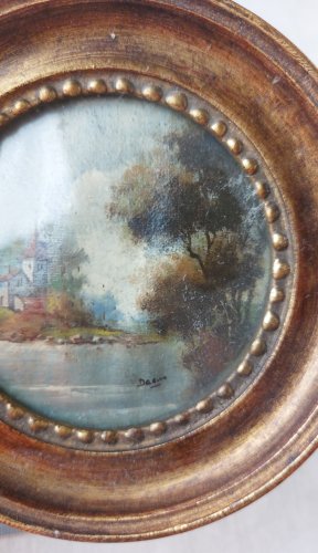 Ancien petit tableau miniature, décor paysage