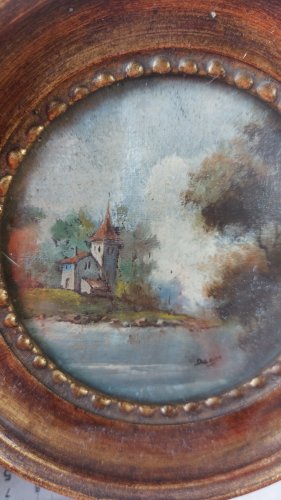 Ancien petit tableau miniature, décor paysage