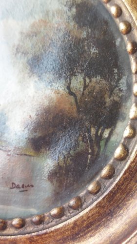 Ancien petit tableau miniature, décor paysage