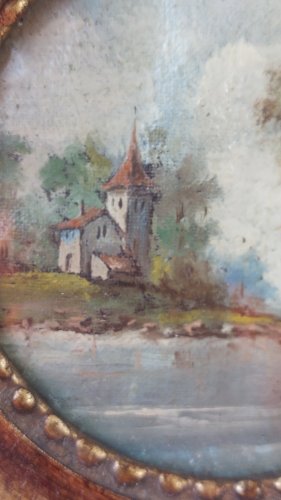 Ancien petit tableau miniature, décor paysage