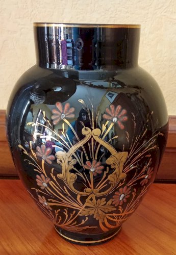 Ancien Petit Vase Noir Décor Floral Émaillé Doré Antique Black Vase Gold Decor