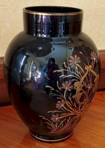 Ancien Petit Vase Noir Décor Floral Émaillé Doré Antique Black Vase Gold Decor