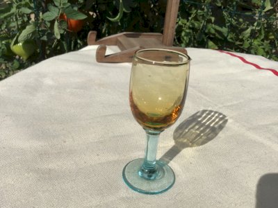 ANCIENT small BLUE TURQUOISE and AMBER liqueur GLASS GEORGES SAND 9 CM