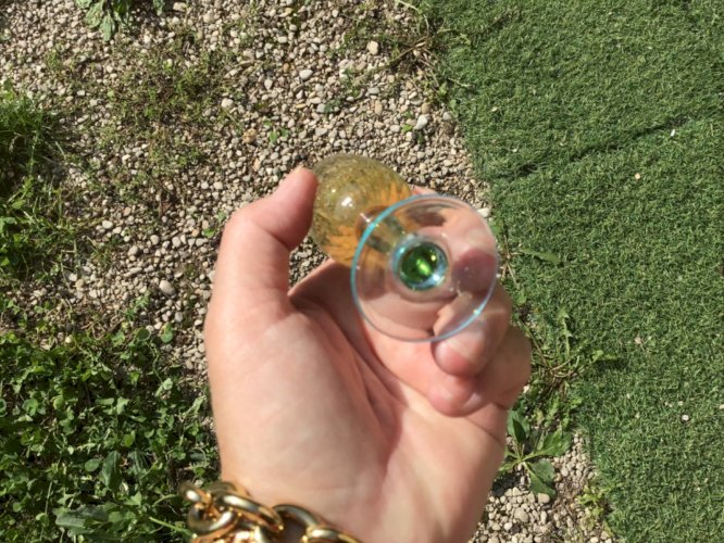 ANCIEN petit VERRE liqueur BLEU TURQUOISE ET AMBRE GEORGES SAND 9 CM