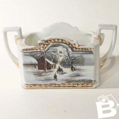 Ancien petit vide-poche porcelaine paysage de neige style Currier & Ives