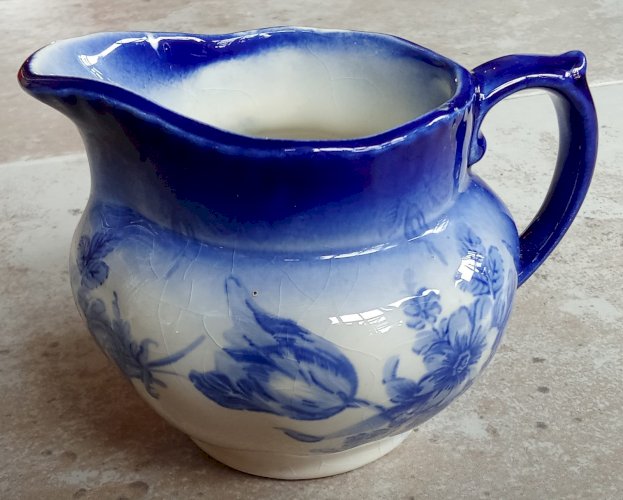 Ancien Pichet Pot À Crème Lait Bleu Céramique Anglaise England Décor Floral