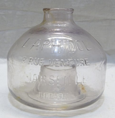 -ANCIEN PIEGE A MOUCHES ou GUEPES VERRE Moulé PUBLICITE L'APHIDOL MARSEILLE   D
