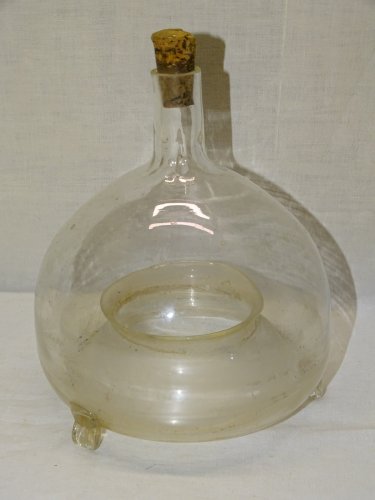-ANCIEN PIEGE A MOUCHES VERRE SOUFFLE sur 2 PIEDS VERRE COLLECTION VITRINE    D