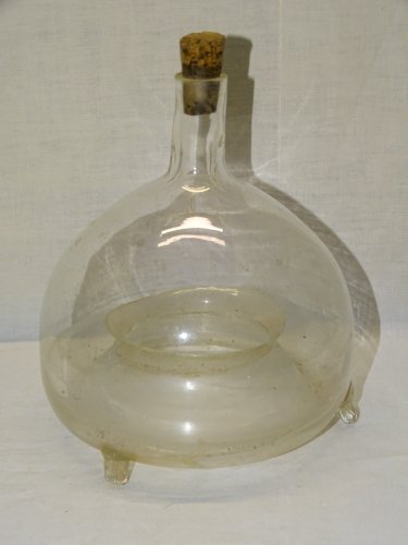 -ANCIEN PIEGE A MOUCHES VERRE SOUFFLE sur 2 PIEDS VERRE COLLECTION VITRINE    D