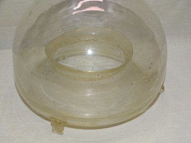 -ANCIEN PIEGE A MOUCHES VERRE SOUFFLE sur 2 PIEDS VERRE COLLECTION VITRINE    D