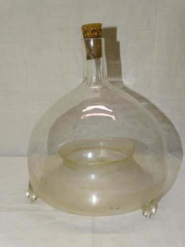 -ANCIEN PIEGE A MOUCHES VERRE SOUFFLE sur 2 PIEDS VERRE COLLECTION VITRINE    D