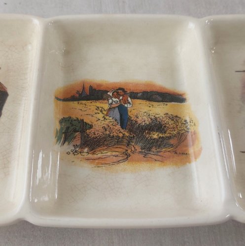 Ancien plat à 3 compartiments / serviteur, Obernai, céramique de Sarreguemines