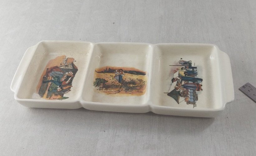 Ancien plat à 3 compartiments / serviteur, Obernai, céramique de Sarreguemines