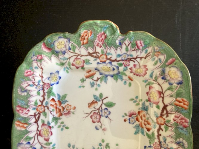 ancien plat à gateaux en porcelaine anglaise décor de branchages marque lh