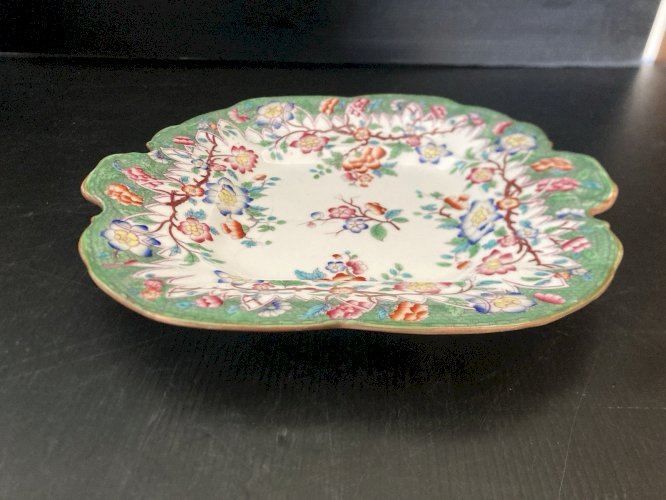 ancien plat à gateaux en porcelaine anglaise décor de branchages marque lh