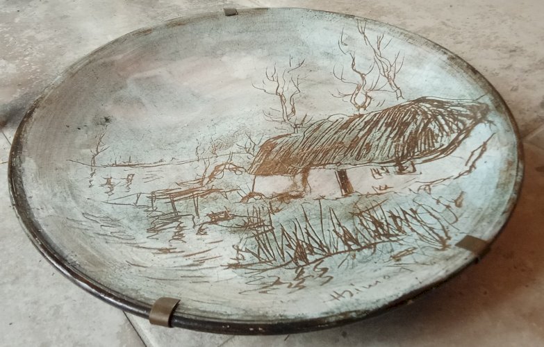 Ancien Plat Assiette Céramique Céramiste 20 ème Henry Simon Bourrine Vendée