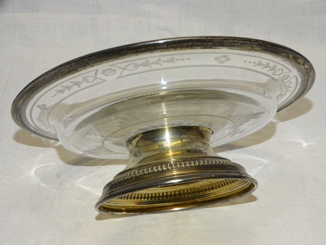 -ANCIEN PLAT de PRESENTATION CRISTAL Gravé FLEURS & ARGENT Poinçon MINERVE    D