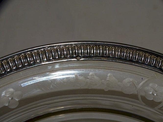 -ANCIEN PLAT de PRESENTATION CRISTAL Gravé FLEURS & ARGENT Poinçon MINERVE    D