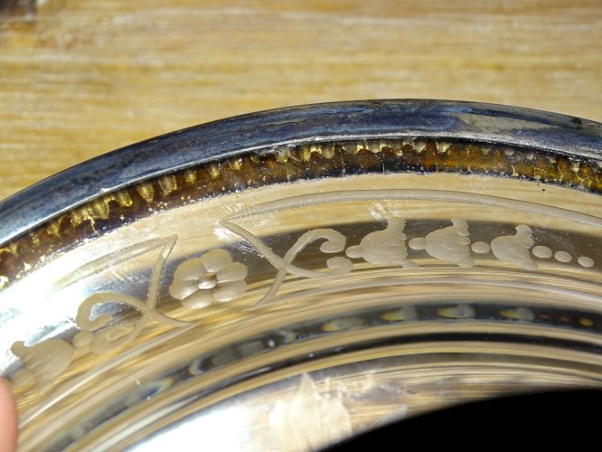 -ANCIEN PLAT de PRESENTATION CRISTAL Gravé FLEURS & ARGENT Poinçon MINERVE    D