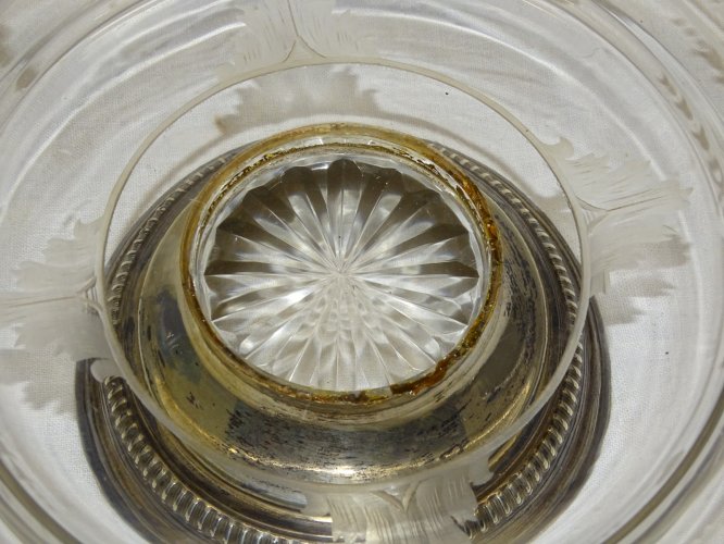 -ANCIEN PLAT de PRESENTATION CRISTAL Gravé FLEURS & ARGENT Poinçon MINERVE    D