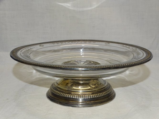 -ANCIEN PLAT de PRESENTATION CRISTAL Gravé FLEURS & ARGENT Poinçon MINERVE    D