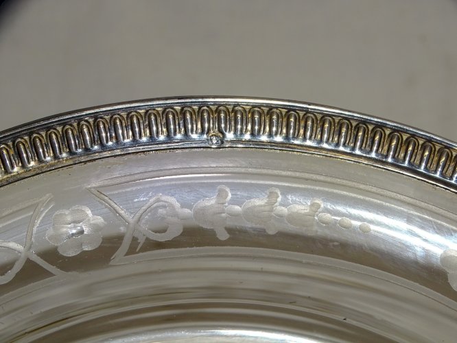 -ANCIEN PLAT de PRESENTATION CRISTAL Gravé FLEURS & ARGENT Poinçon MINERVE    D