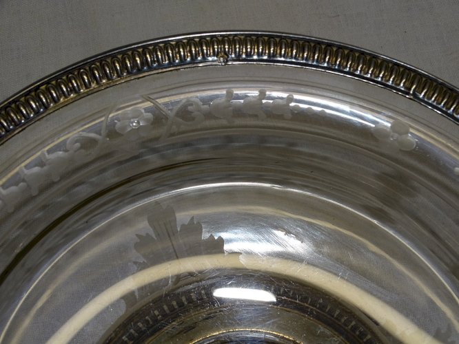 -ANCIEN PLAT de PRESENTATION CRISTAL Gravé FLEURS & ARGENT Poinçon MINERVE    D