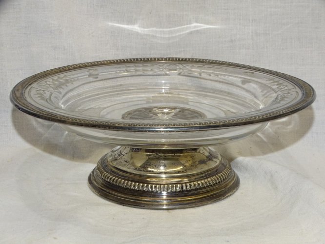 -ANCIEN PLAT de PRESENTATION CRISTAL Gravé FLEURS & ARGENT Poinçon MINERVE    D