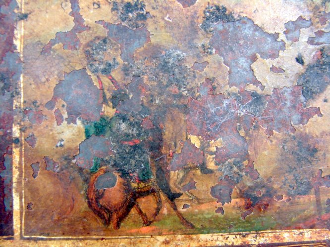 Ancien Plateau à Mouchette Tôle Peinte Personnages & Dorure Epoque Charles X
