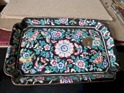 ANCIEN PLATEAU PLAT EMAILLE DECOR STYLE LONGWY