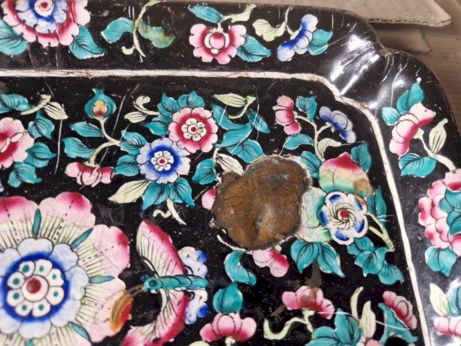 ANCIEN PLATEAU PLAT EMAILLE DECOR STYLE LONGWY