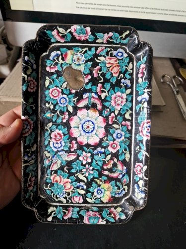 ANCIEN PLATEAU PLAT EMAILLE DECOR STYLE LONGWY