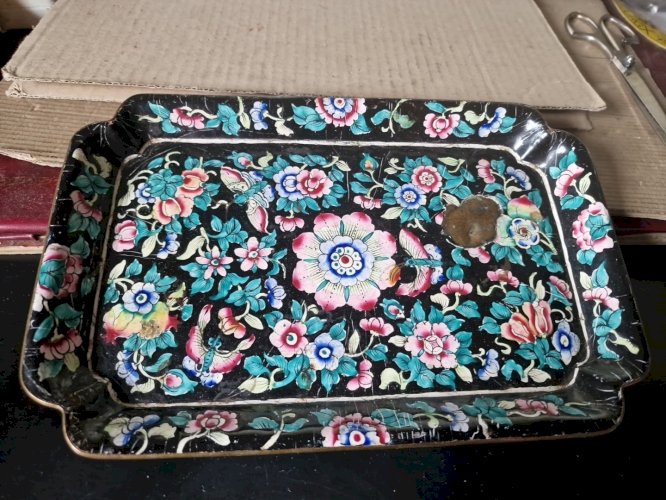 ANCIEN PLATEAU PLAT EMAILLE DECOR STYLE LONGWY