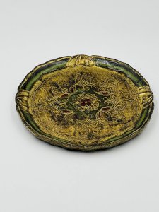 Vintage round Florentine wooden tray, hand-painted, 1960s.