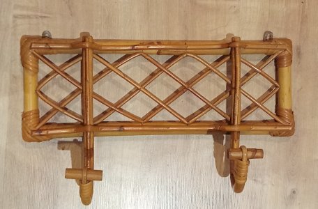 Old vintage rattan wall coat rack with 2 hooks