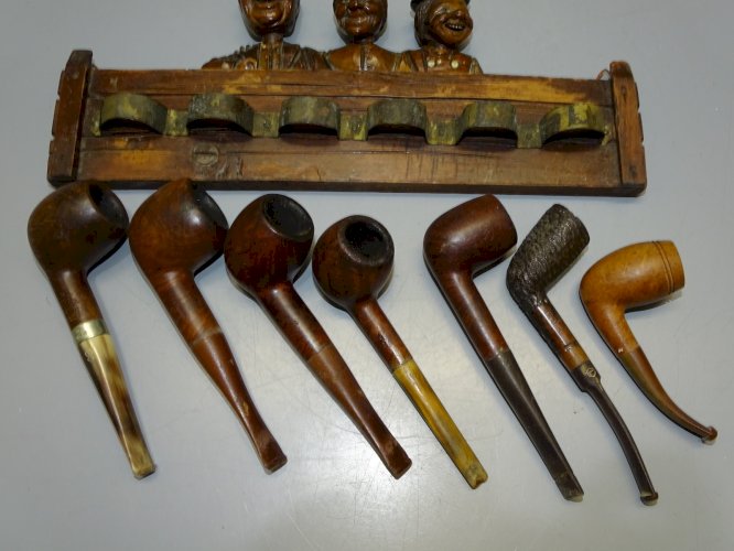 -ANCIEN PORTE PIPES bois personnages têtes articulées + 7 PIPES anciennes