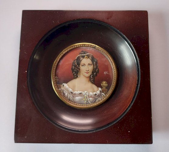 Ancien portrait miniature peint, Charlotte von Hagn, Hil, XIXème
