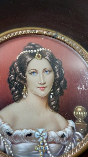Ancien portrait miniature peint, Charlotte von Hagn, Hil, XIXème