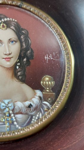 Ancien portrait miniature peint, Charlotte von Hagn, Hil, XIXème