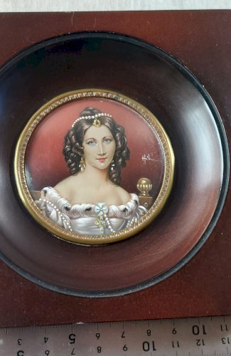 Ancien portrait miniature peint, Charlotte von Hagn, Hil, XIXème