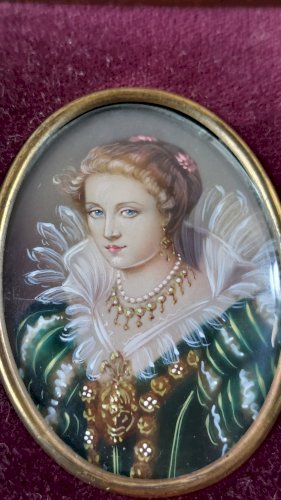 Ancien portrait miniature peint, Jacqueline Van Caestre, XIXème
