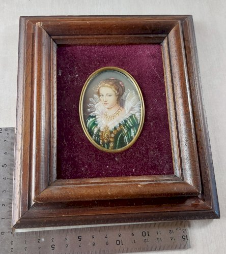 Ancien portrait miniature peint, Jacqueline Van Caestre, XIXème