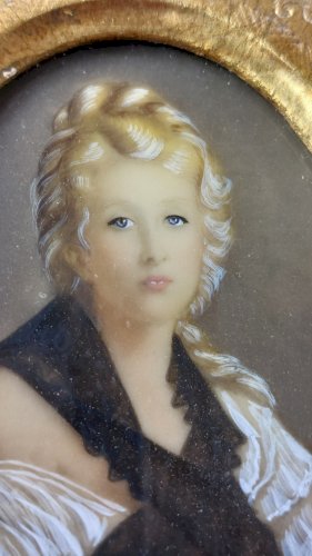 Ancien portrait miniature peint, jeune femme blonde, Hil, XIXème