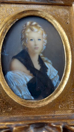 Ancien portrait miniature peint, jeune femme blonde, Hil, XIXème