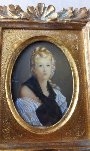 Ancien portrait miniature peint, jeune femme blonde, Hil, XIXème