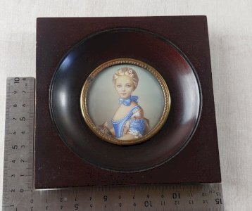 Old miniature portrait painted, The girl with the cat, Hil, 19th century