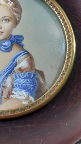 Ancien portrait miniature peint, La jeune fille au chat, Hil, XIXème