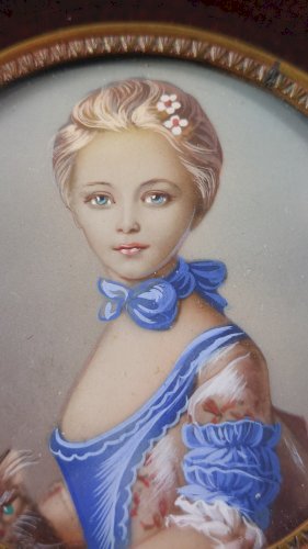 Ancien portrait miniature peint, La jeune fille au chat, Hil, XIXème