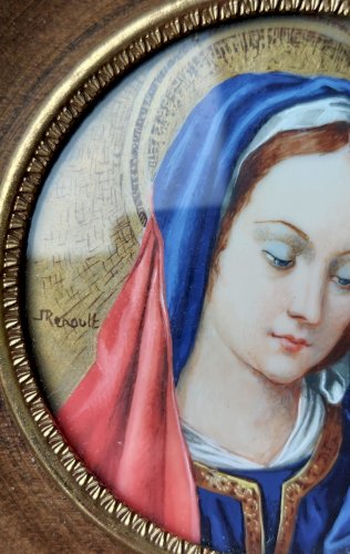 Ancien portrait miniature peint, Vierge Marie, XIXème