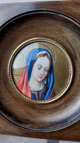 Ancien portrait miniature peint, Vierge Marie, XIXème